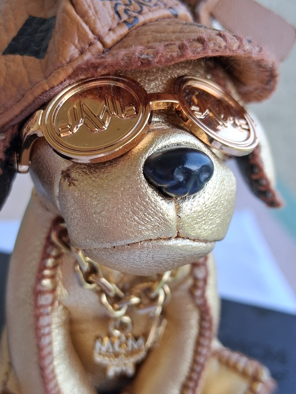 MCM Gold Leather Dog Key Charm with Sunglasses - Picture 10 of 11